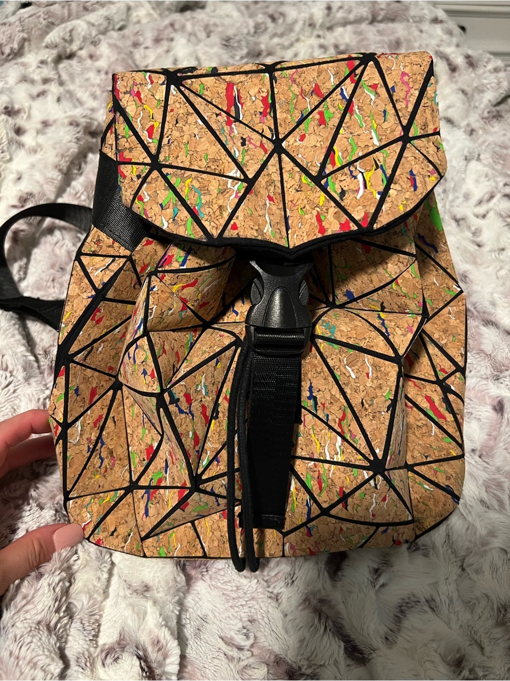 Geometric Cork Backpack with Multicolor Speckle